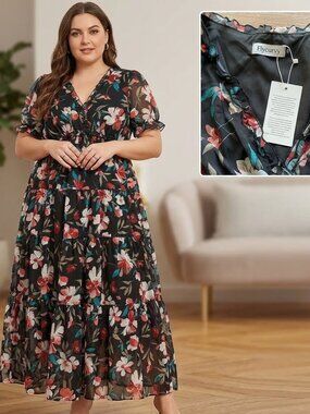 NWT Flycurvy Chiffon Floral Flowy Maxi Dress Size 4XL‎